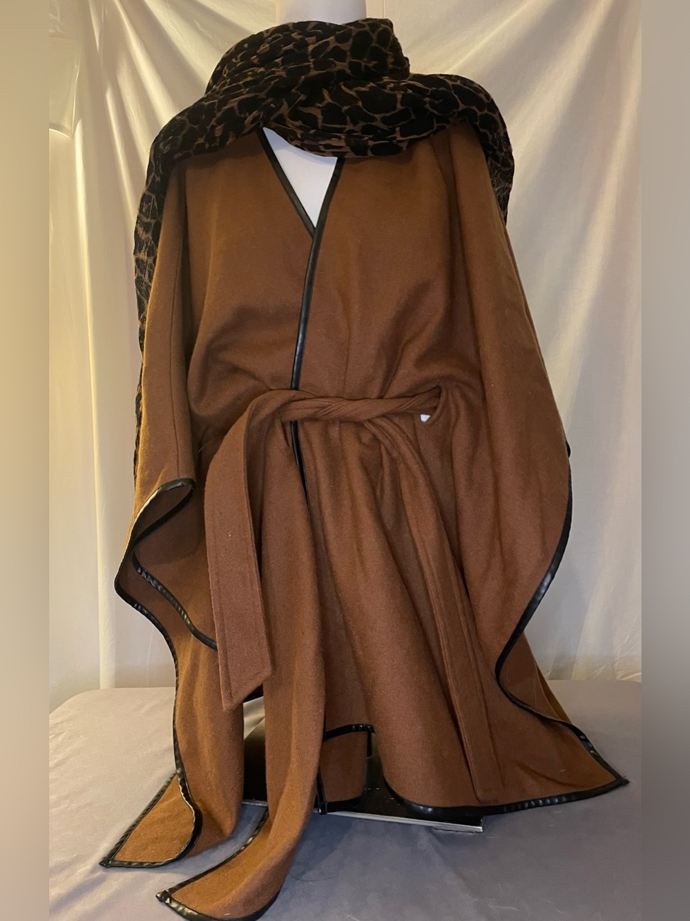 Ann Taylor Brown Belted Wool Cape Ppncho Coat with Leopard Scarf
